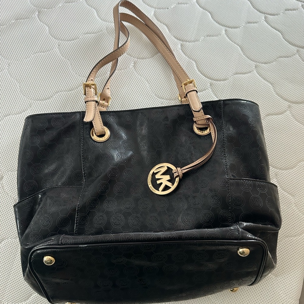 Michael Kors Black Tote with Tan Shoulder Straps and Gold MK Charm